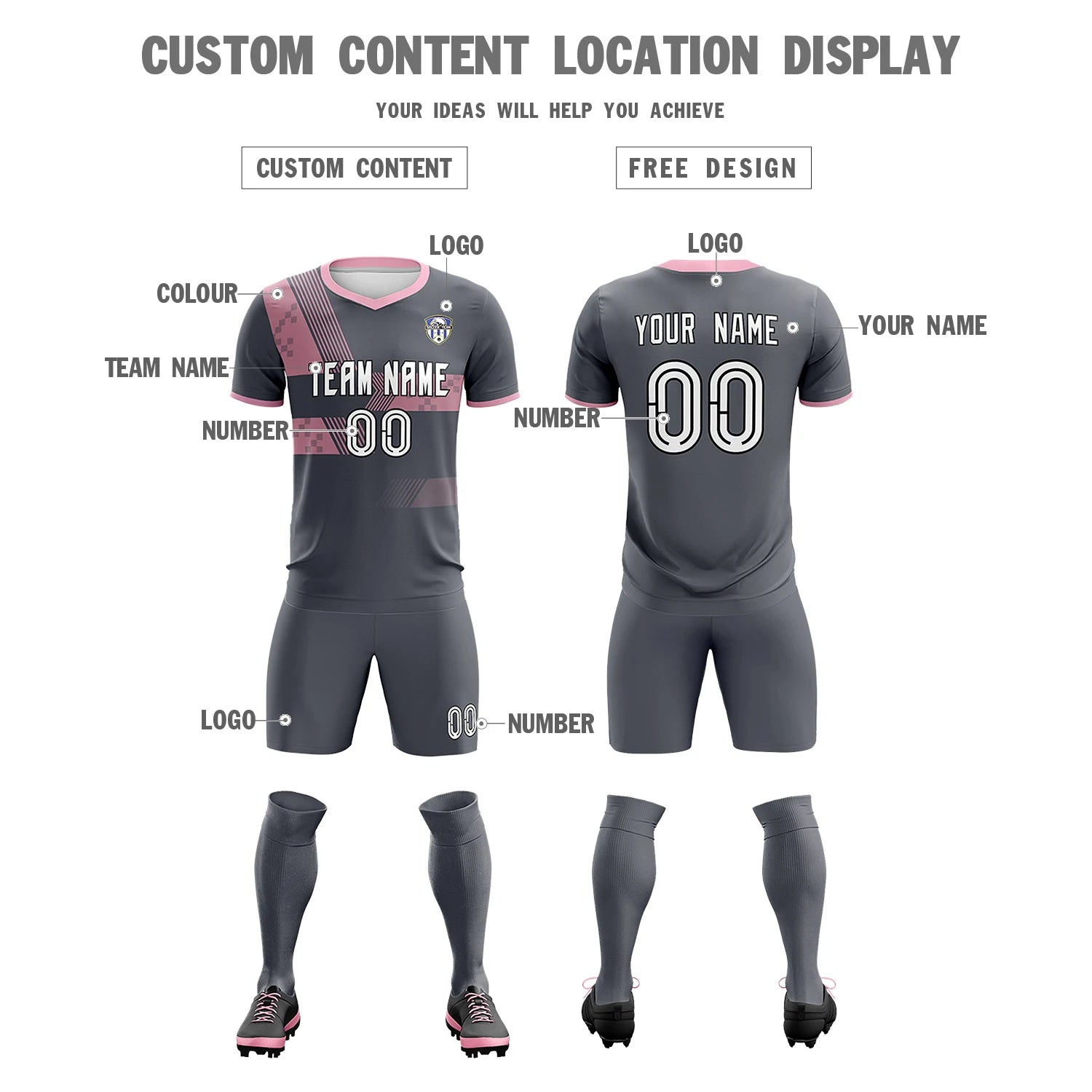 Custom Gray Light Pink Training Uniform For Men Soccer Sets Jersey