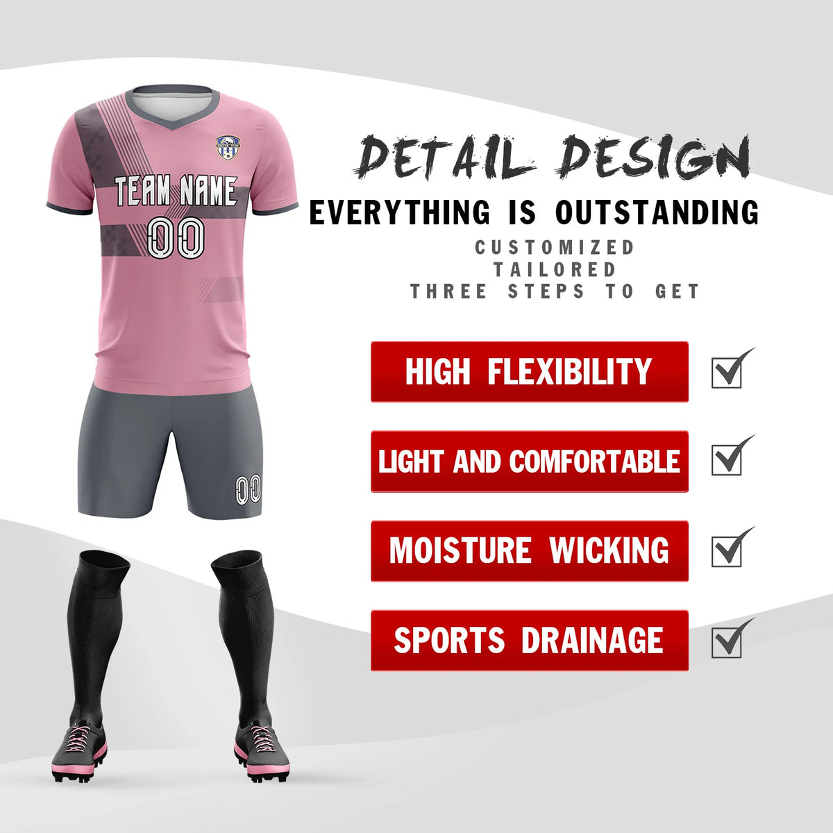 Custom Light Pink Gray Training Uniform For Men Soccer Sets Jersey