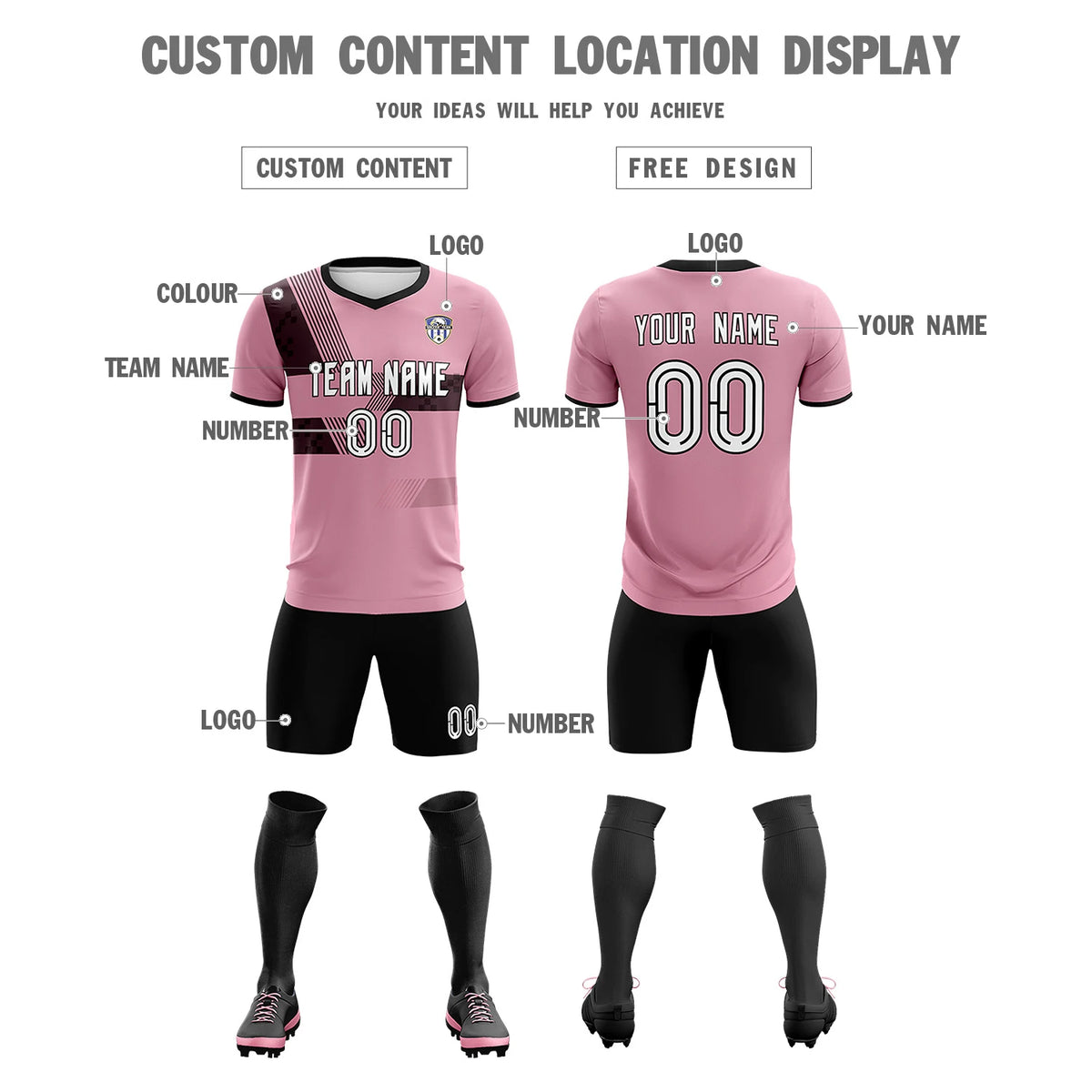 Custom Light Pink Black Training Uniform For Men Soccer Sets Jersey