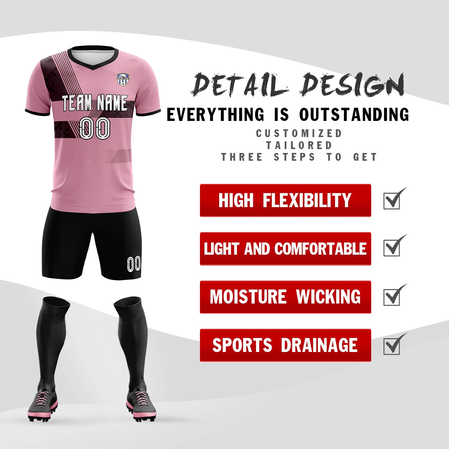 Custom Light Pink Black Training Uniform For Men Soccer Sets Jersey