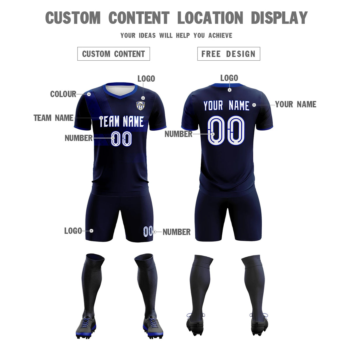 Custom Navy Royal Blue Training Uniform For Men Soccer Sets Jersey