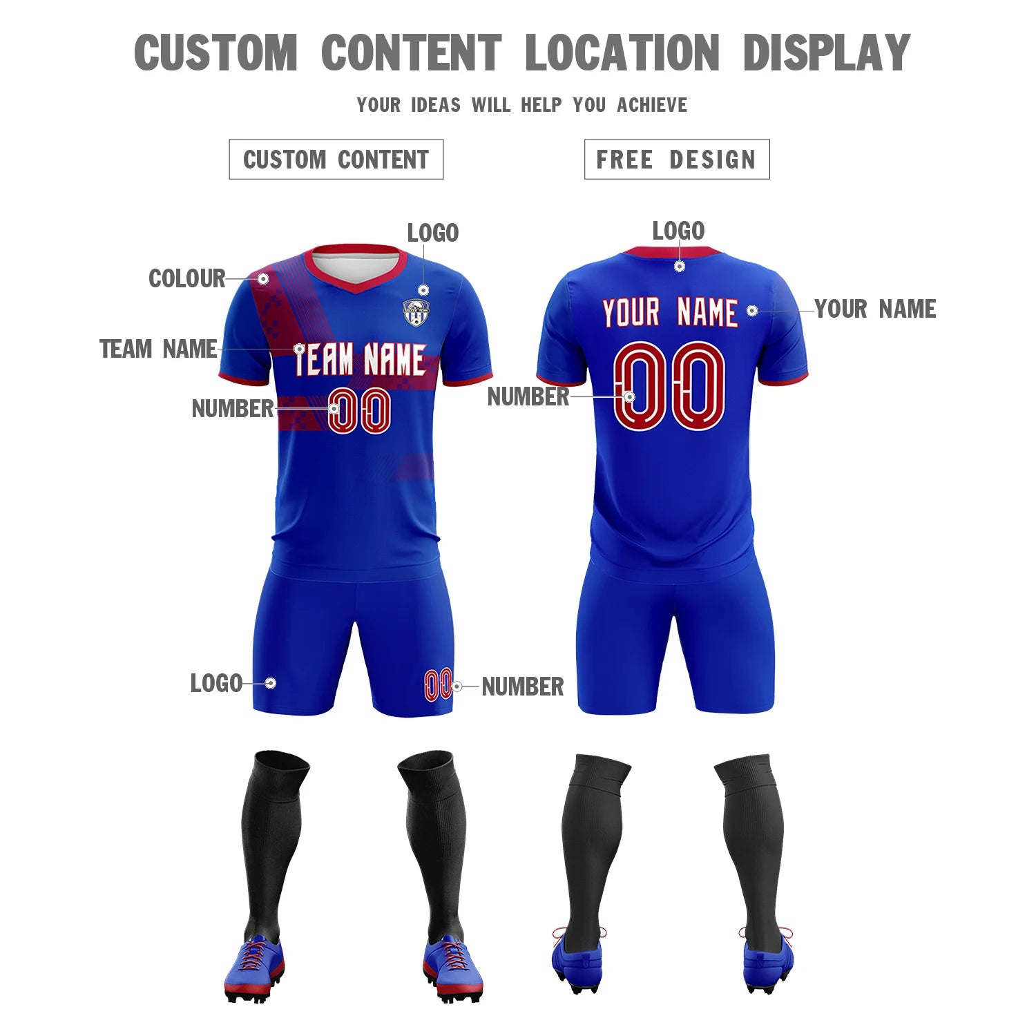 Custom Royal Blue Red Training Uniform For Men Soccer Sets Jersey