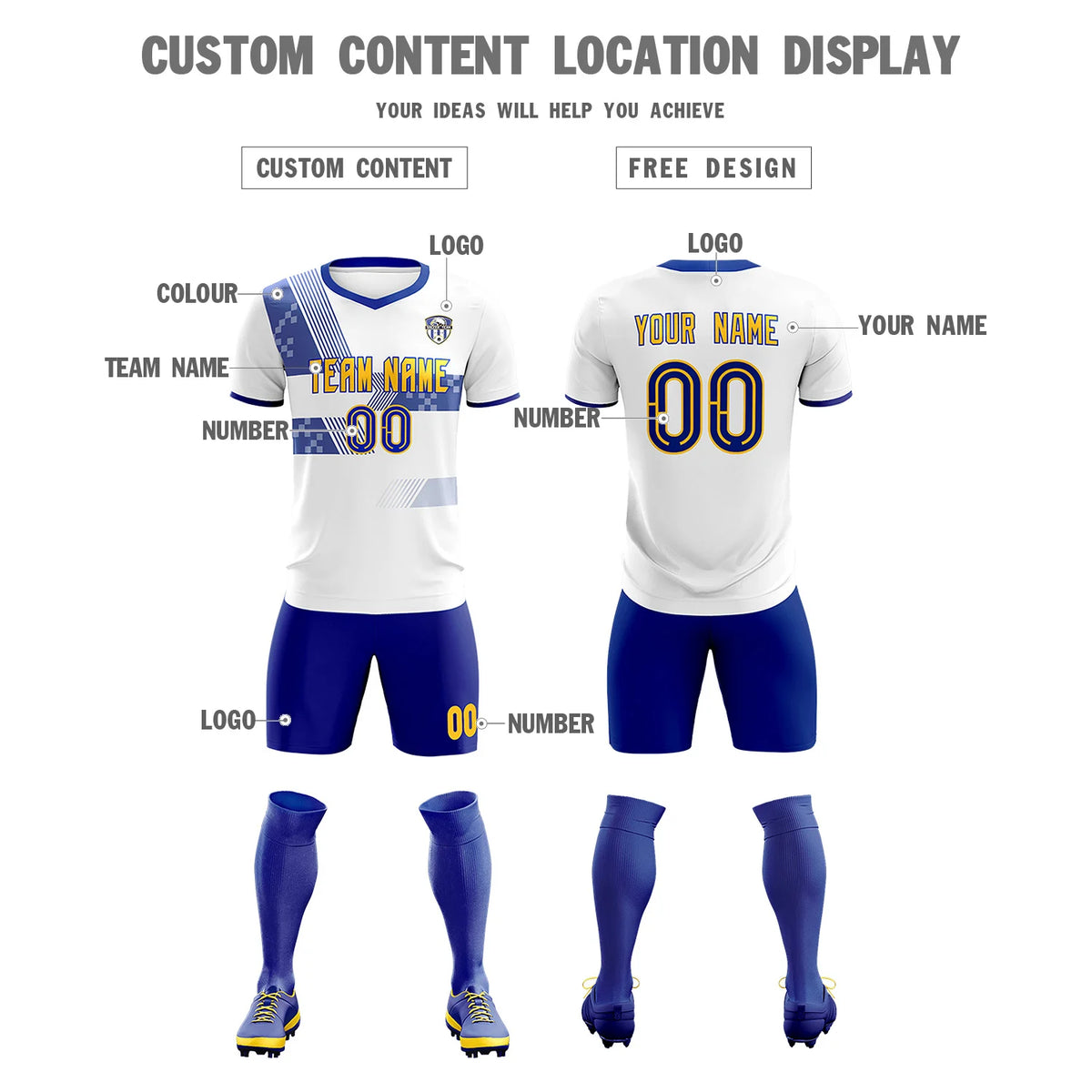 Custom White Royal Blue Training Uniform For Men Soccer Sets Jersey