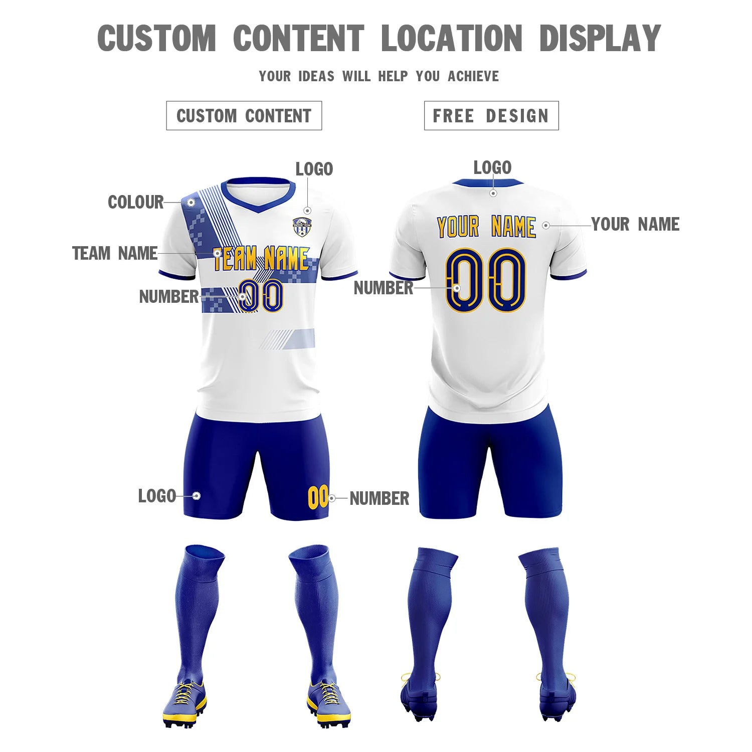 Custom White Royal Blue Training Uniform For Men Soccer Sets Jersey