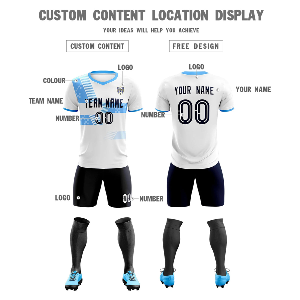 Custom White Powder Blue Training Uniform For Men Soccer Sets Jersey