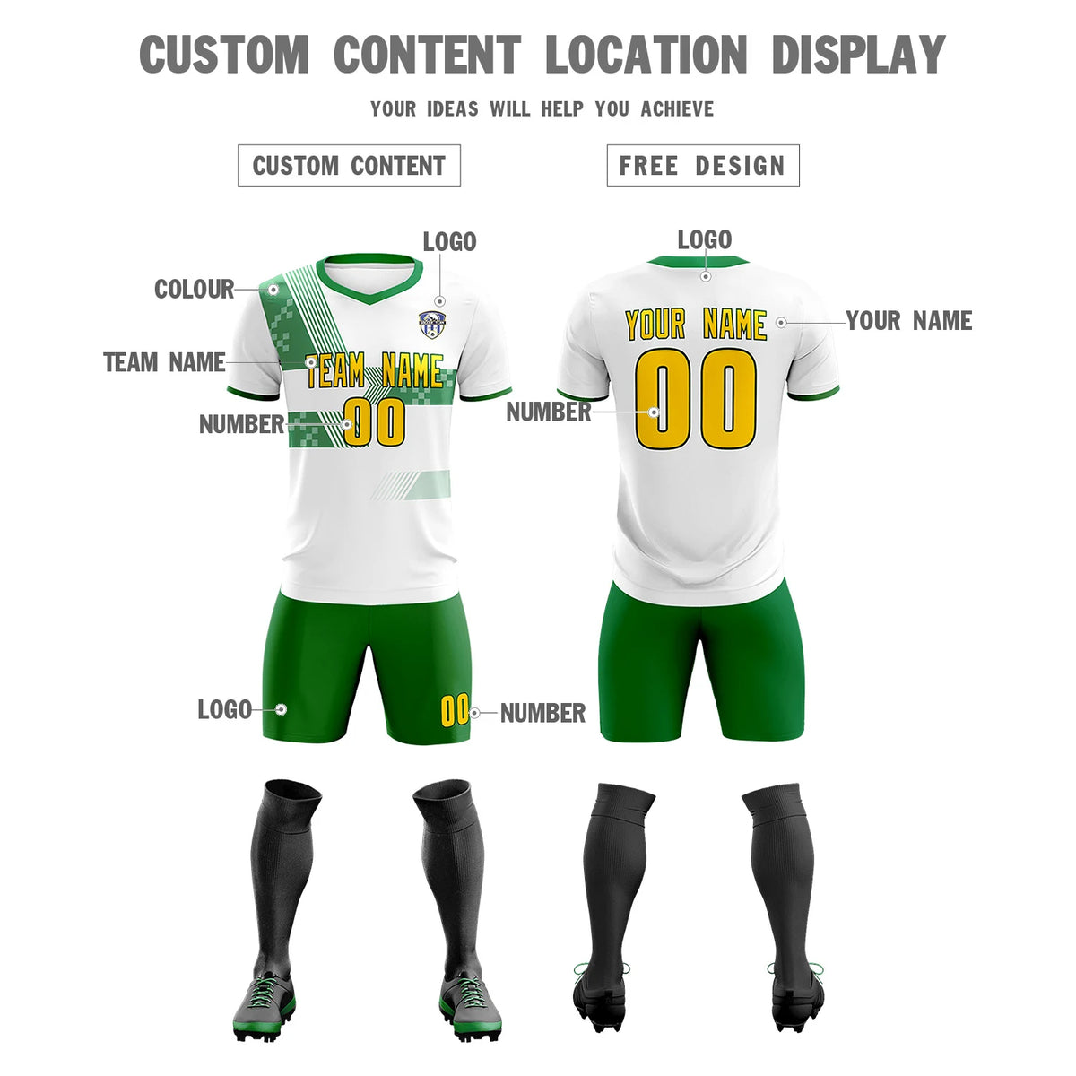 Custom White Kelly Green Training Uniform For Men Soccer Sets Jersey