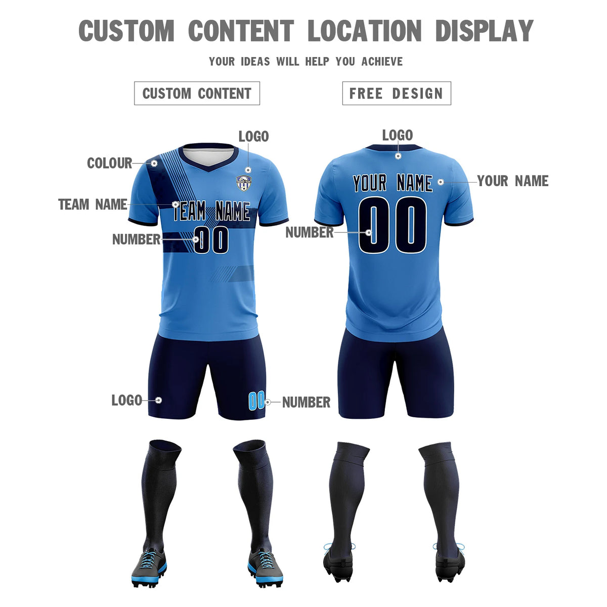 Custom Powder Blue Navy Training Uniform For Men Soccer Sets Jersey