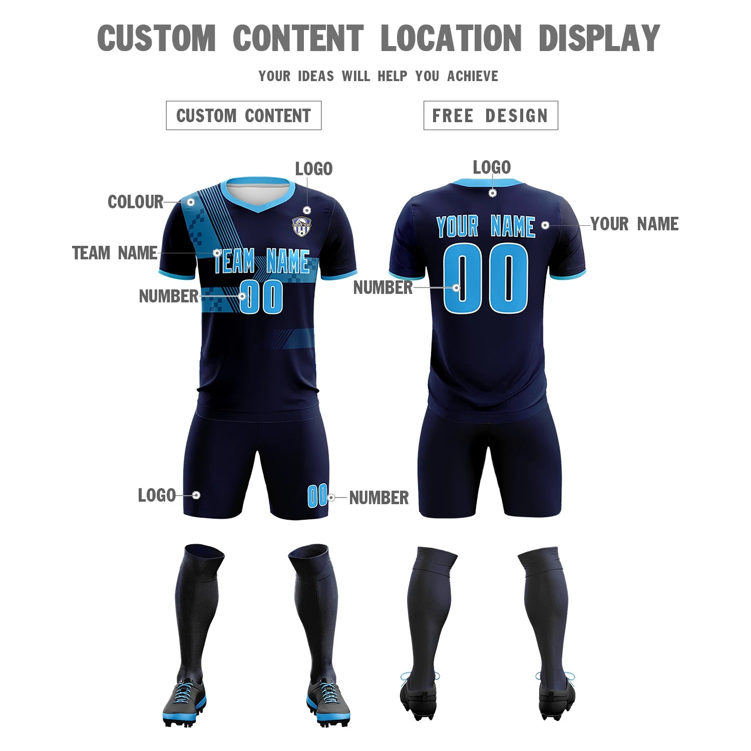 Custom Navy Powder Blue Training Uniform For Men Soccer Sets Jersey