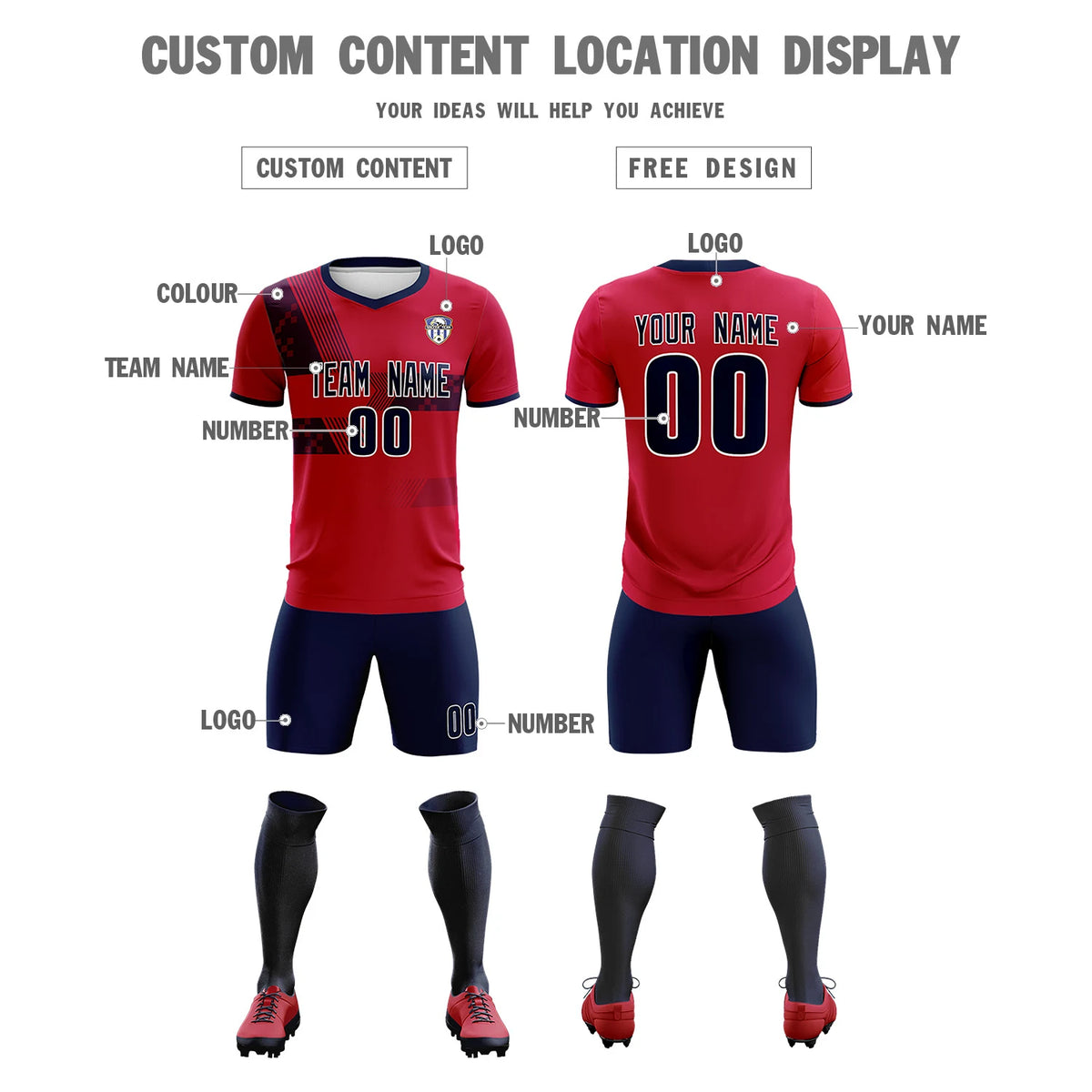 Custom Red Navy Training Uniform For Men Soccer Sets Jersey