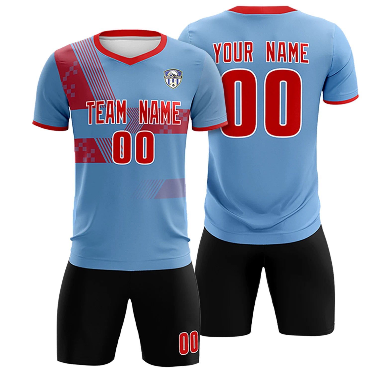 Custom Light Blue Red Training Uniform For Men Soccer Sets Jersey