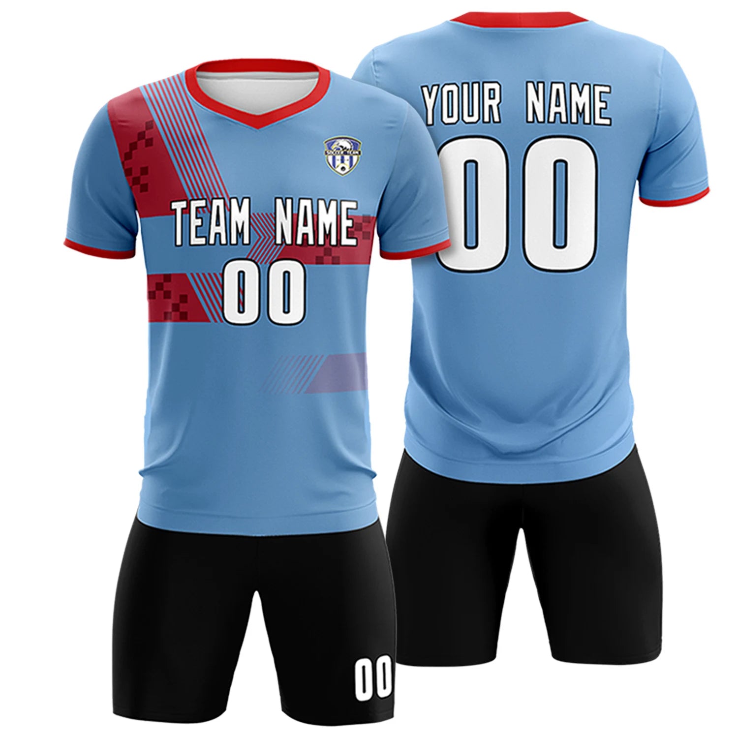 Custom Light Blue Red Training Uniform For Men Soccer Sets Jersey