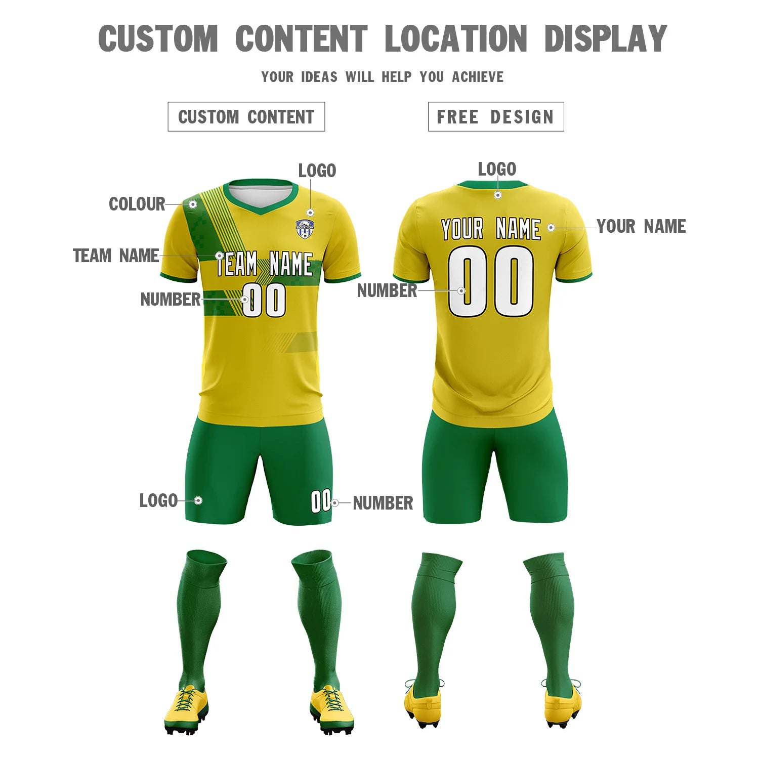 Custom Gold01 Kelly Green Training Uniform For Men Soccer Sets Jersey