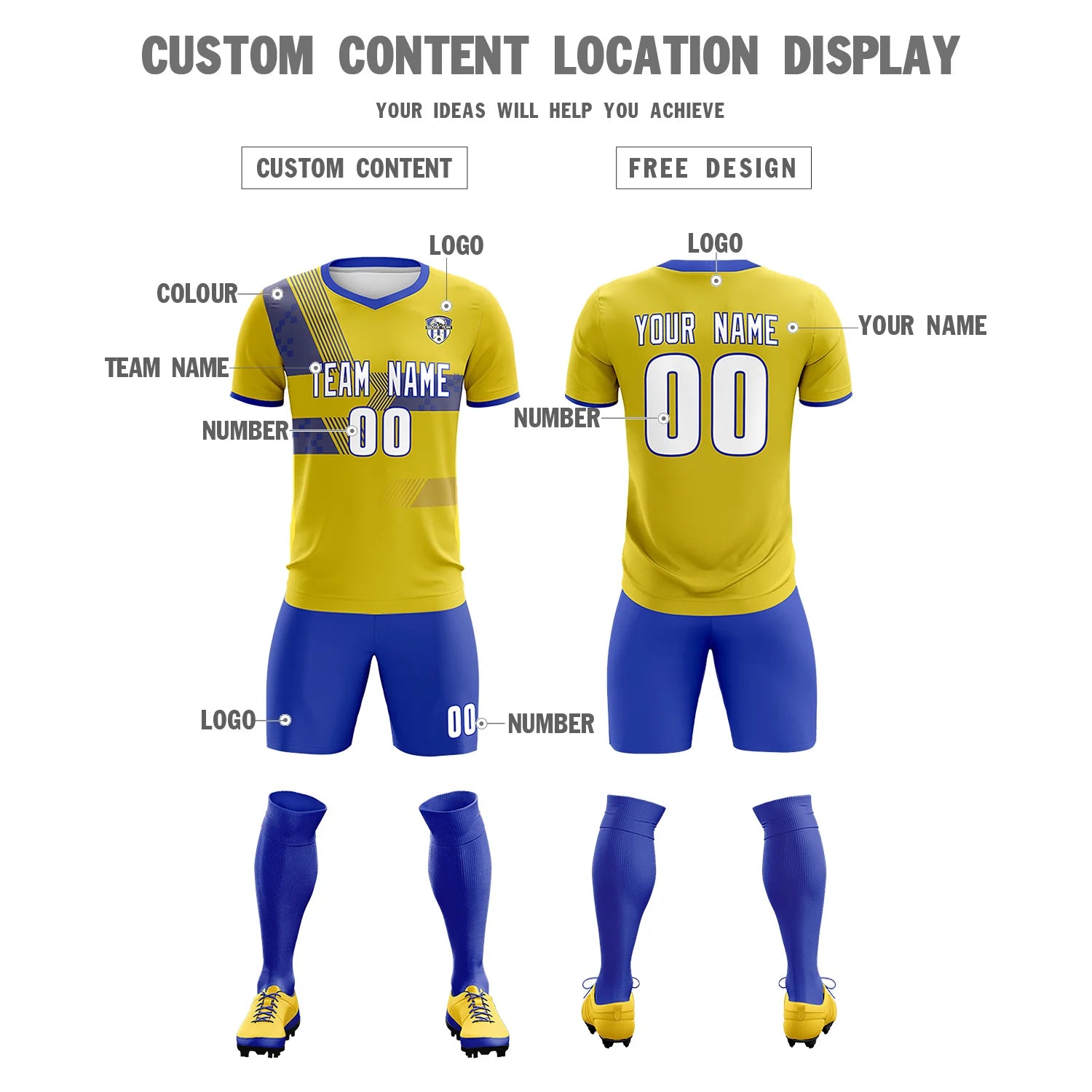 Custom Gold01 Royal Blue Training Uniform For Men Soccer Sets Jersey