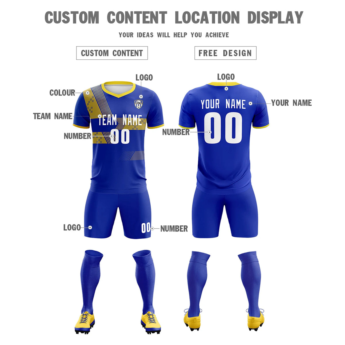 Custom Royal Blue Gold01 Training Uniform For Men Soccer Sets Jersey