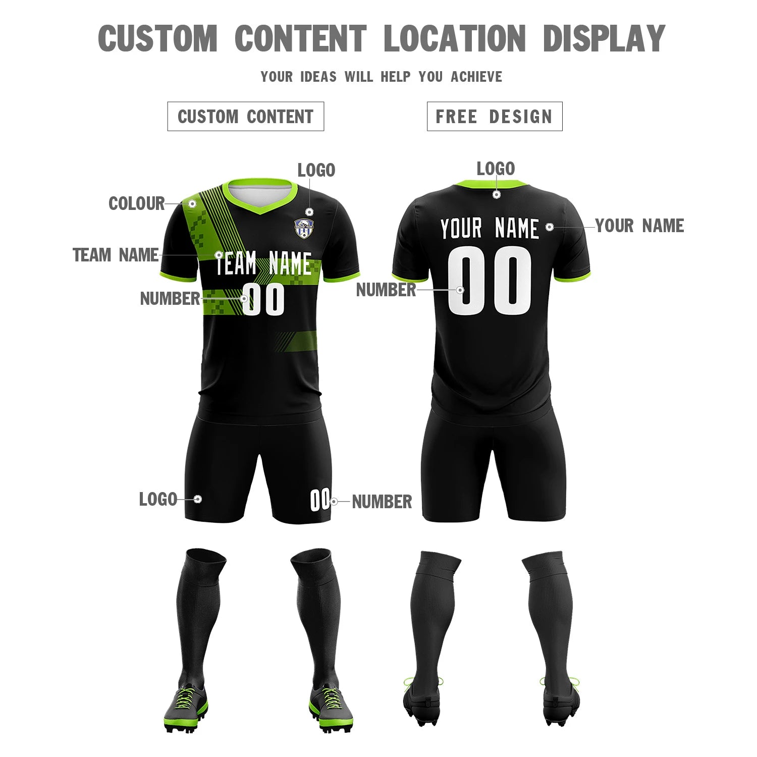 Custom Black Neon Green Training Uniform For Men Soccer Sets Jersey