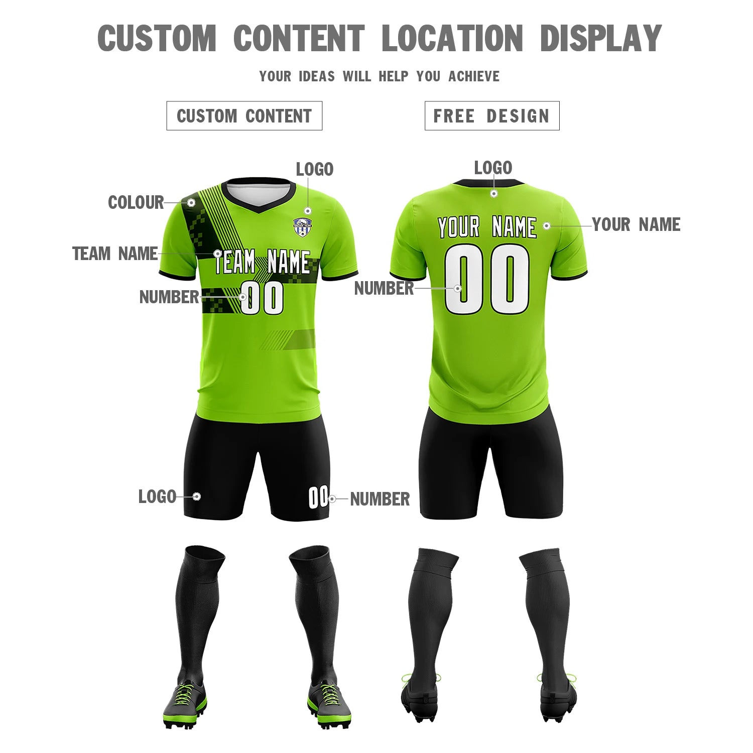 Custom Neon Green Black Training Uniform For Men Soccer Sets Jersey