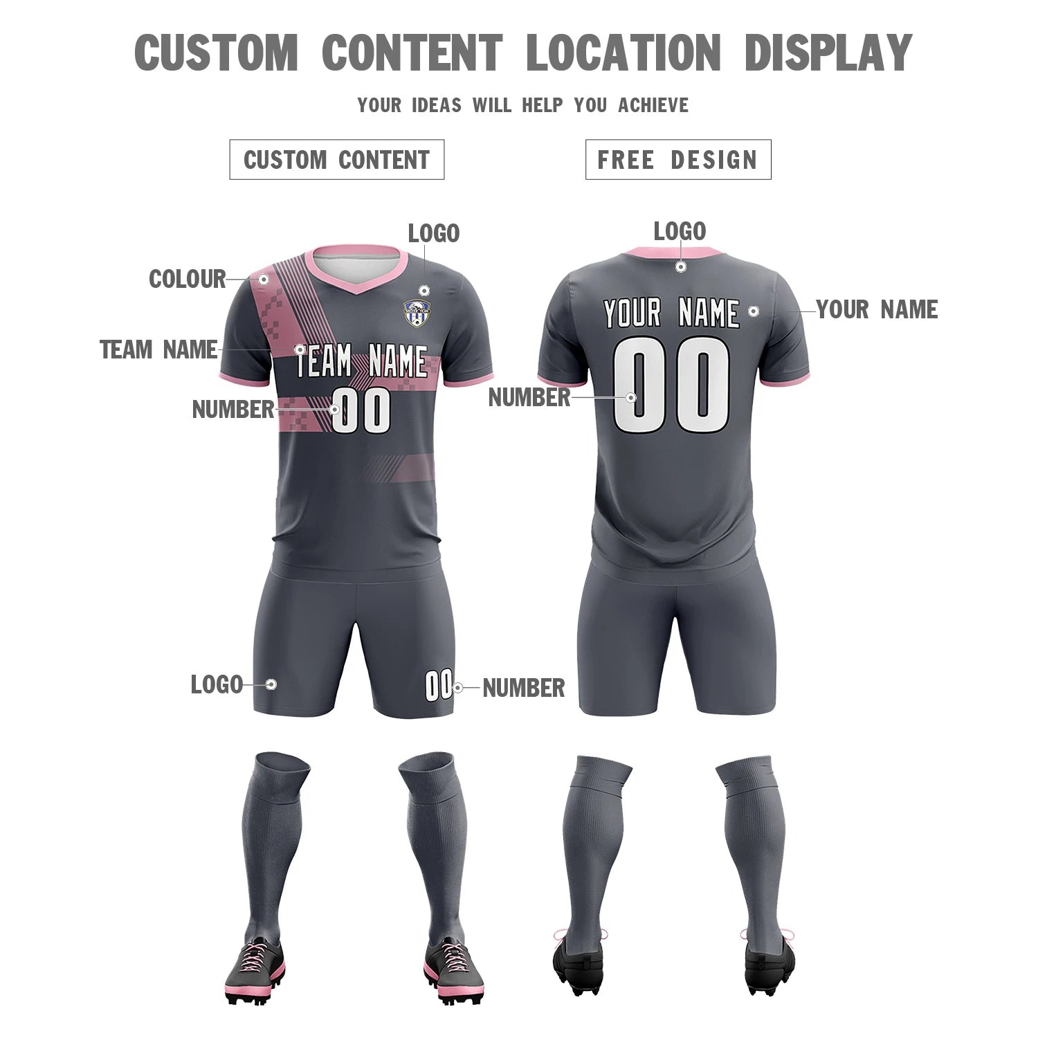 Custom Gray Light Pink Training Uniform For Men Soccer Sets Jersey