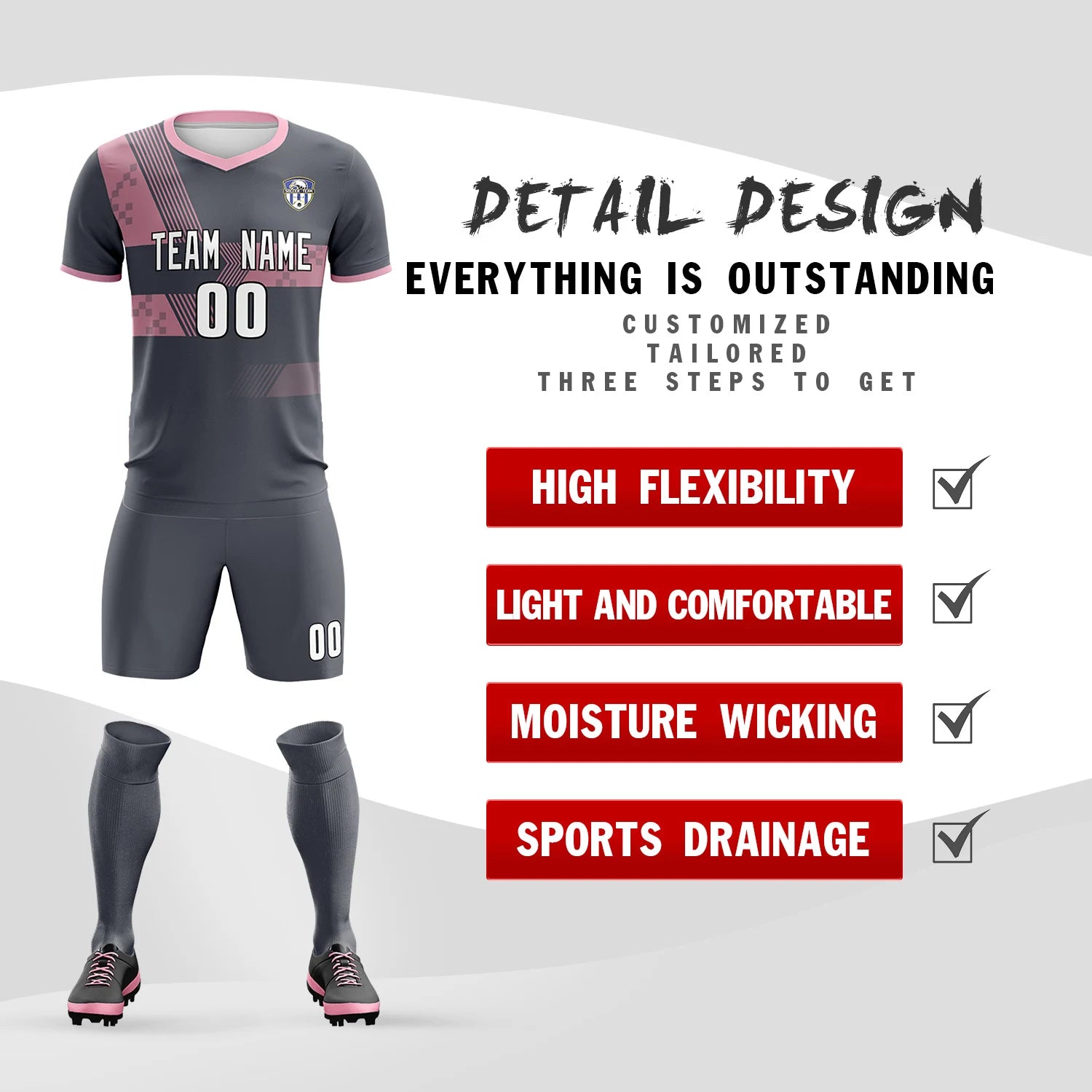 Custom Gray Light Pink Training Uniform For Men Soccer Sets Jersey