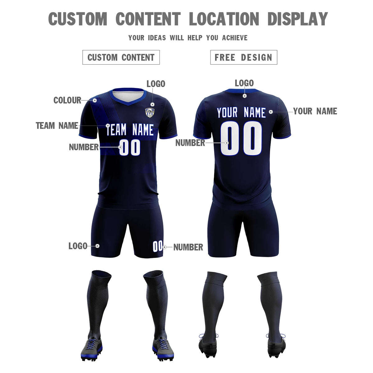 Custom Navy Royal Blue Training Uniform For Men Soccer Sets Jersey