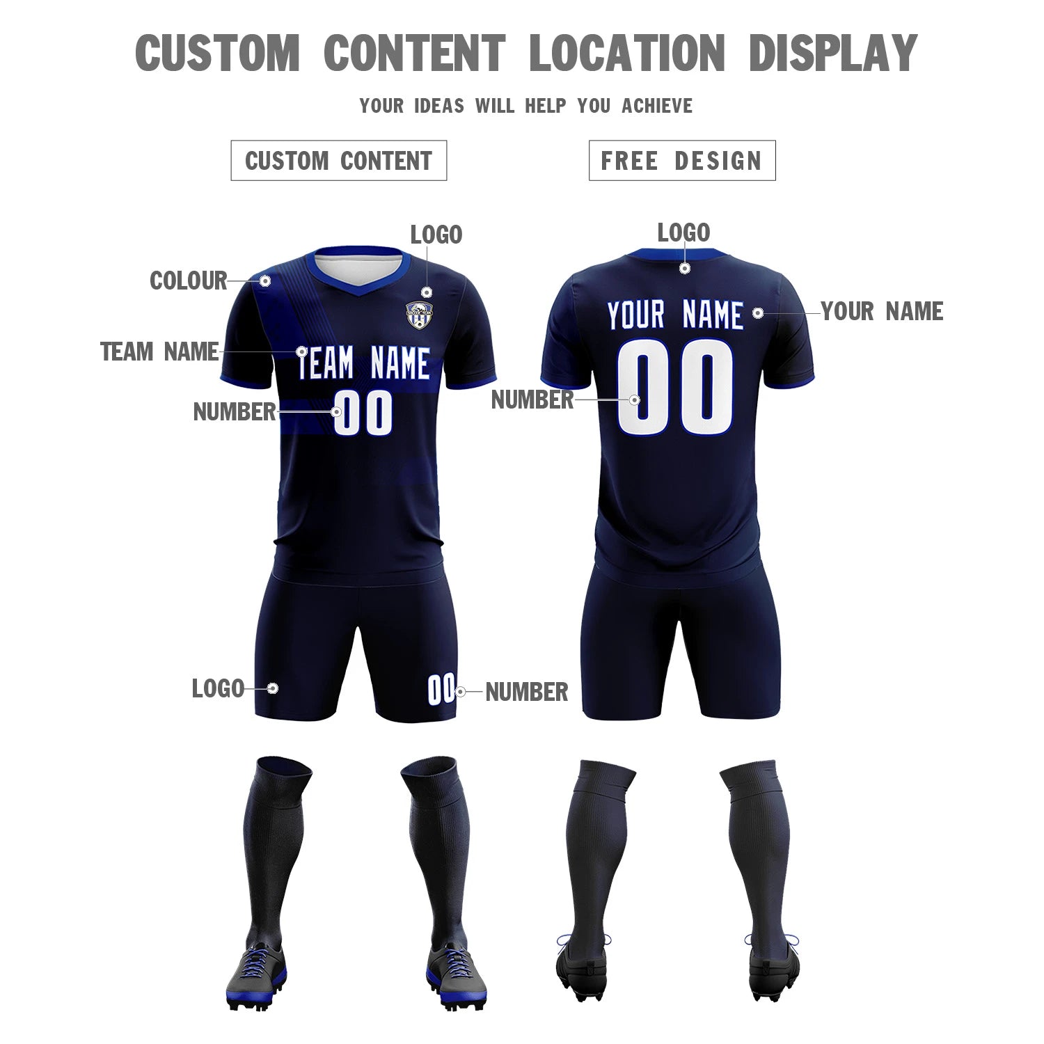 Custom Navy Royal Blue Training Uniform For Men Soccer Sets Jersey