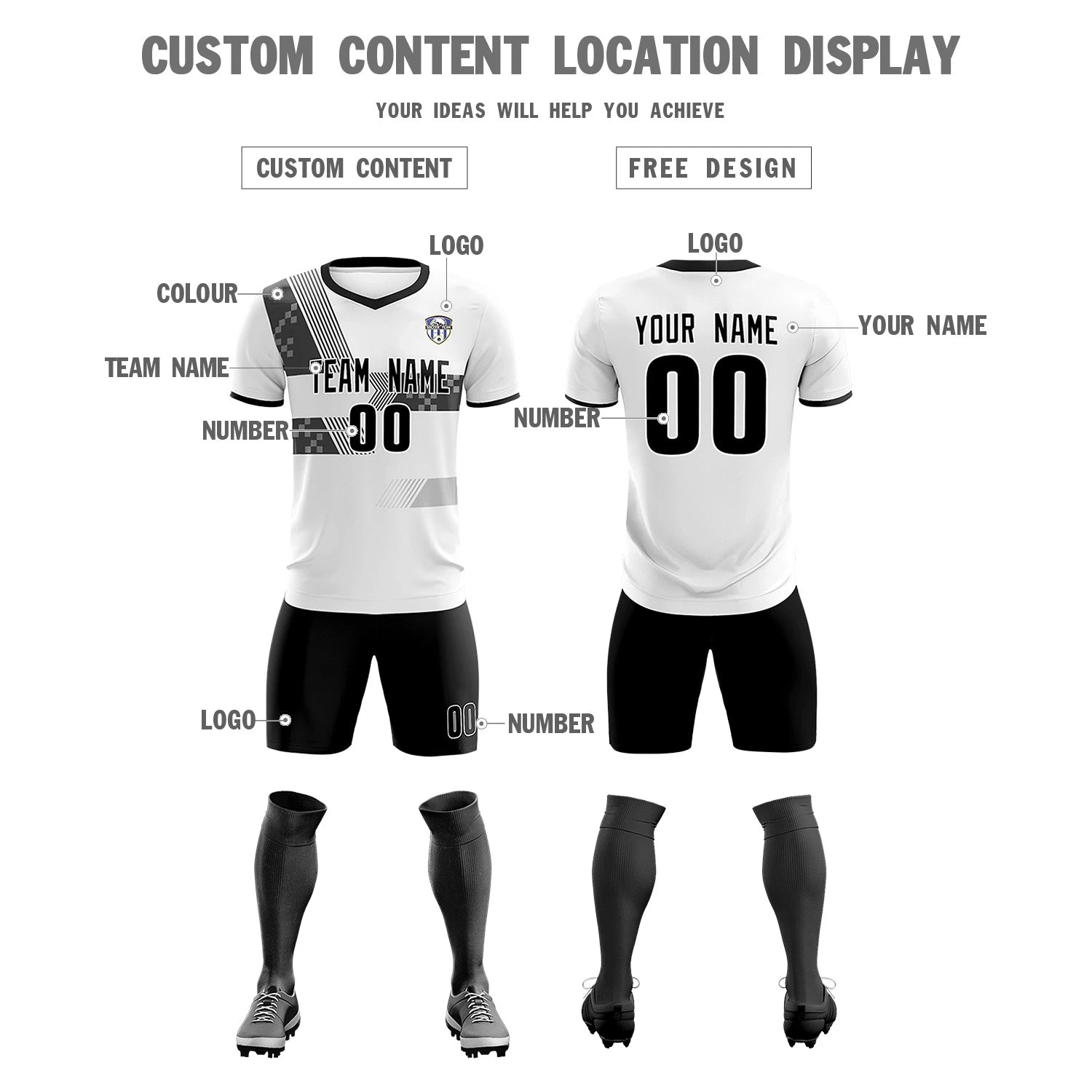 Custom White Black Training Uniform For Men Soccer Sets Jersey