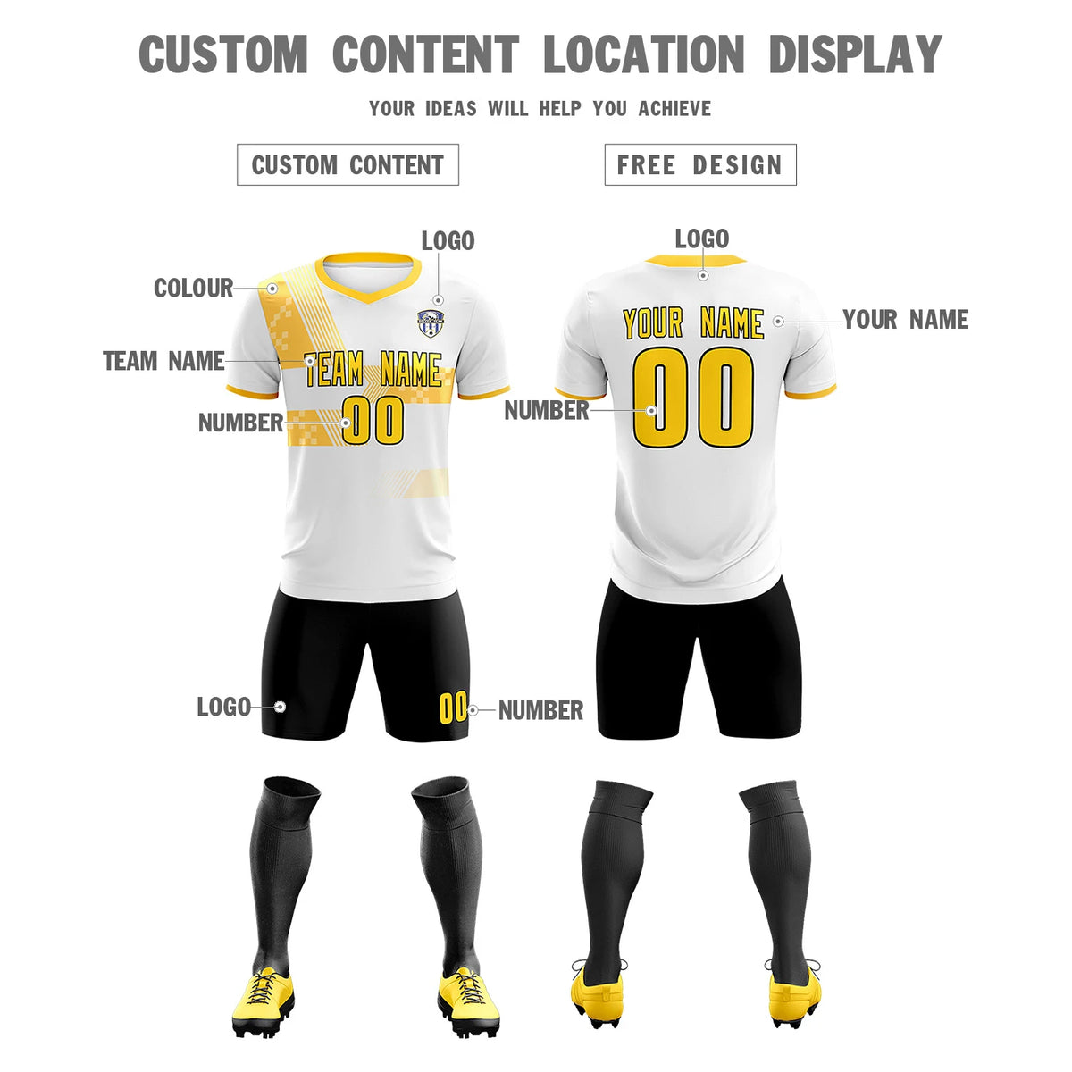 Custom White Gold01 Training Uniform For Men Soccer Sets Jersey