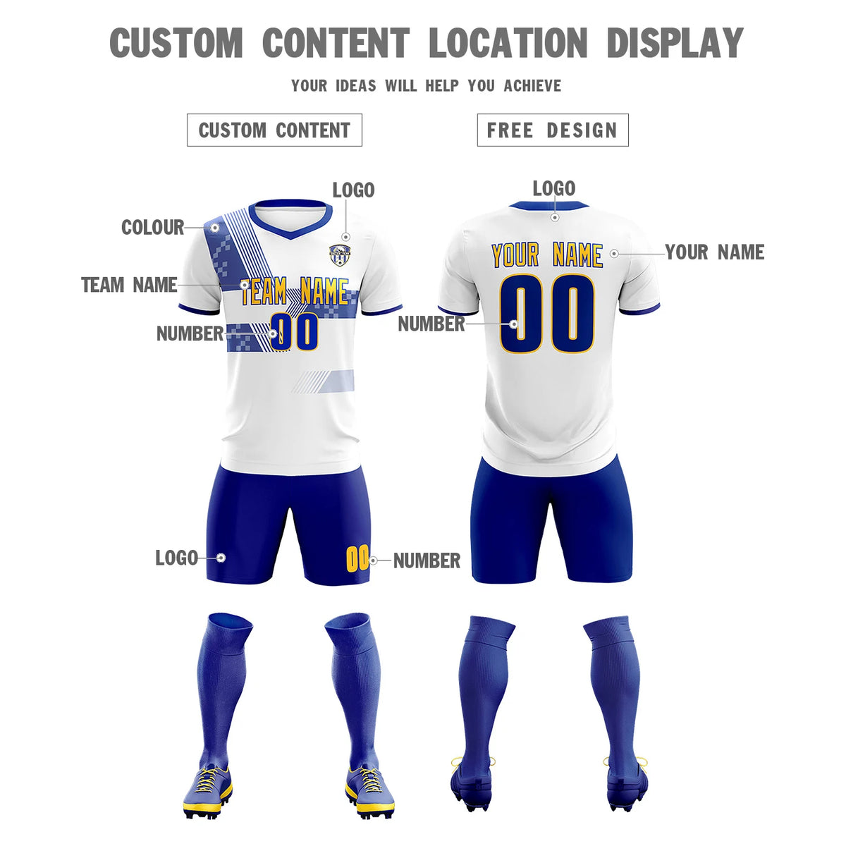 Custom White Royal Blue Training Uniform For Men Soccer Sets Jersey