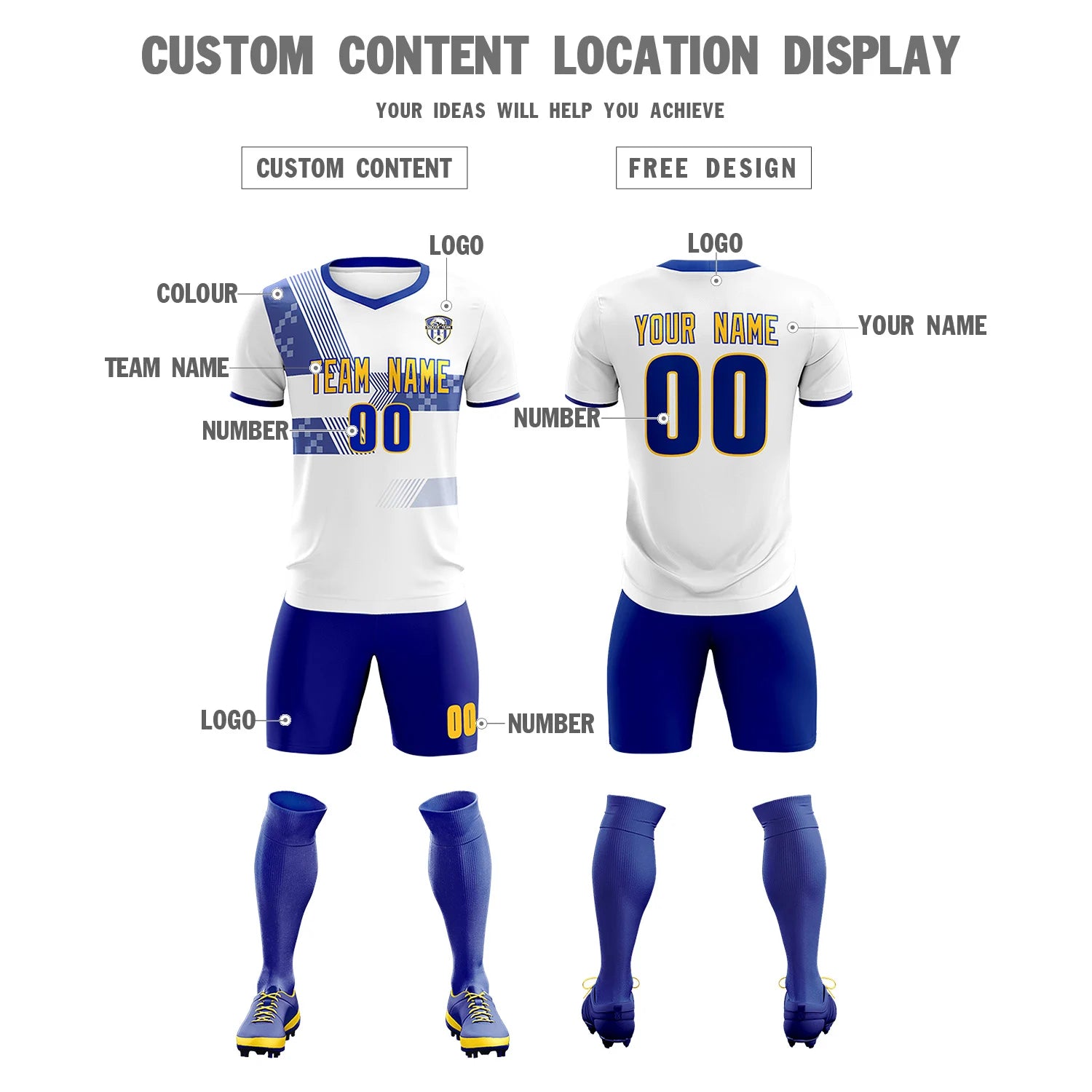 Custom White Royal Blue Training Uniform For Men Soccer Sets Jersey