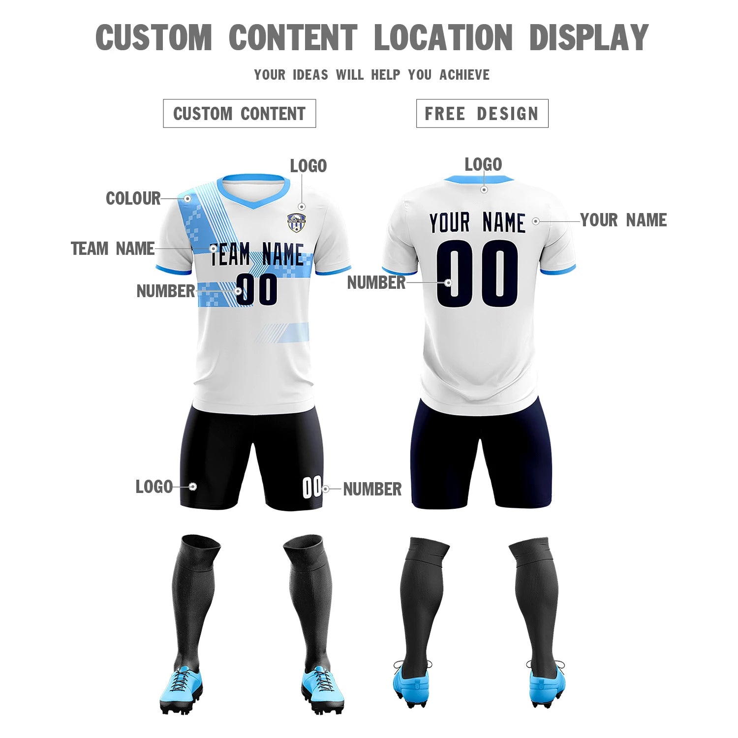 Custom White Powder Blue Training Uniform For Men Soccer Sets Jersey