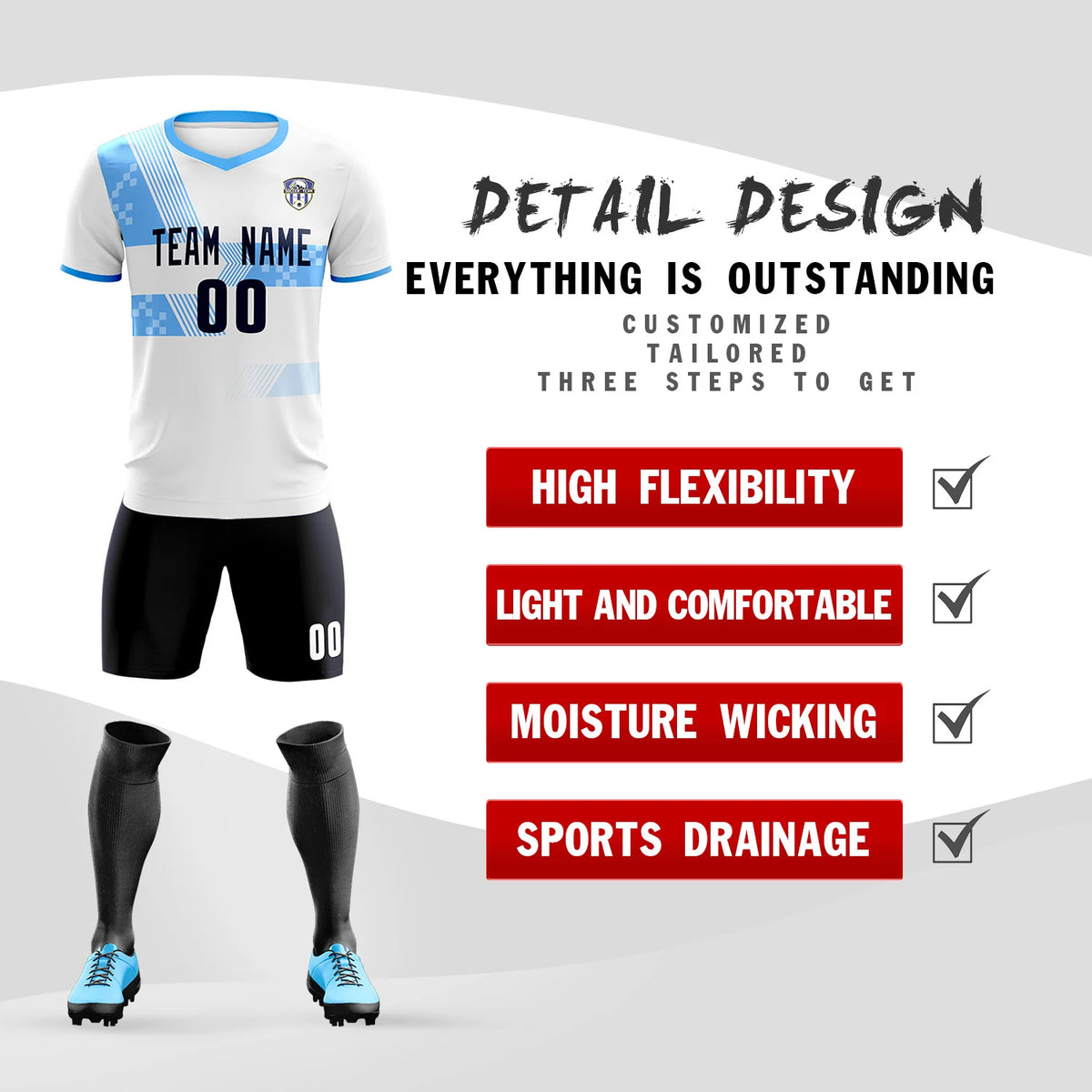 Custom White Powder Blue Training Uniform For Men Soccer Sets Jersey