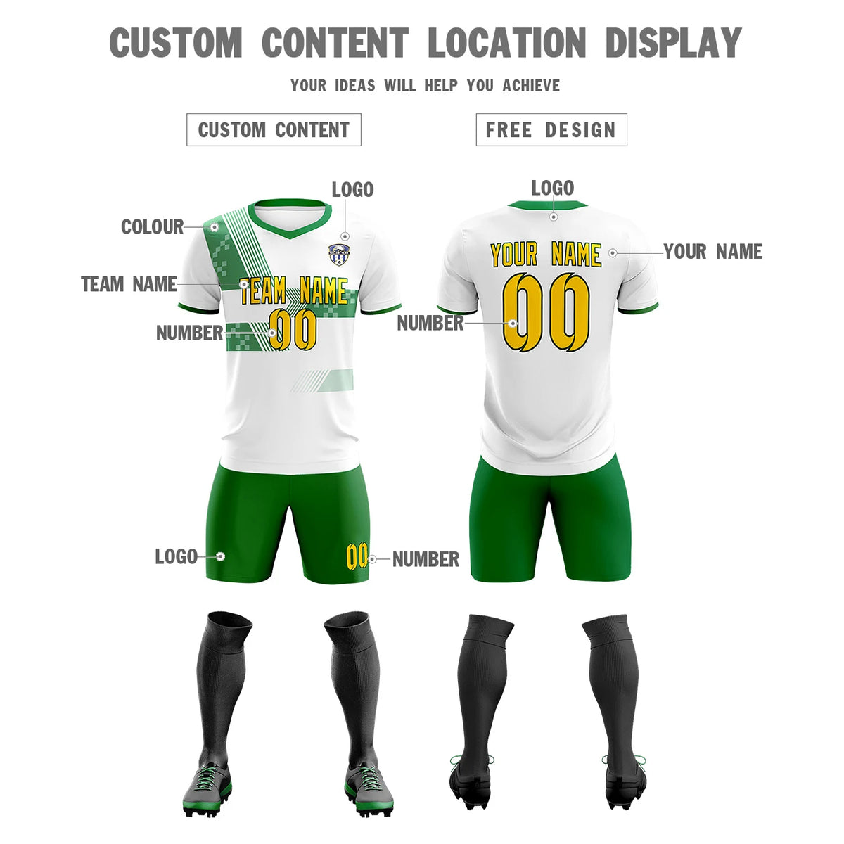 Custom White Kelly Green Training Uniform For Men Soccer Sets Jersey