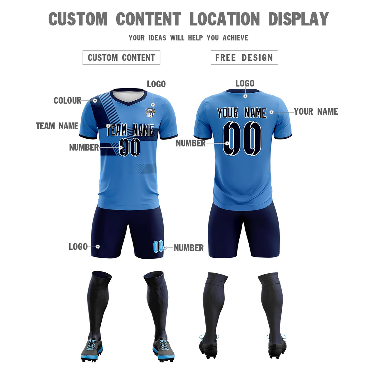 Custom Powder Blue Navy Training Uniform For Men Soccer Sets Jersey