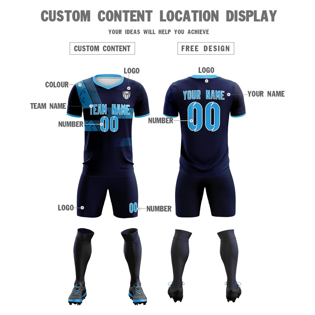 Custom Navy Powder Blue Training Uniform For Men Soccer Sets Jersey