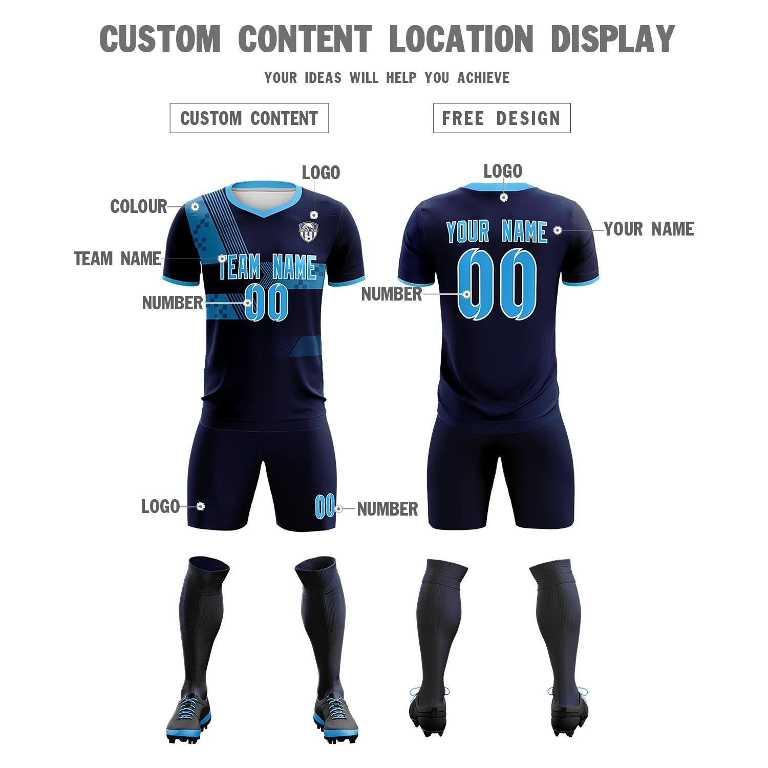 Custom Navy Powder Blue Training Uniform For Men Soccer Sets Jersey