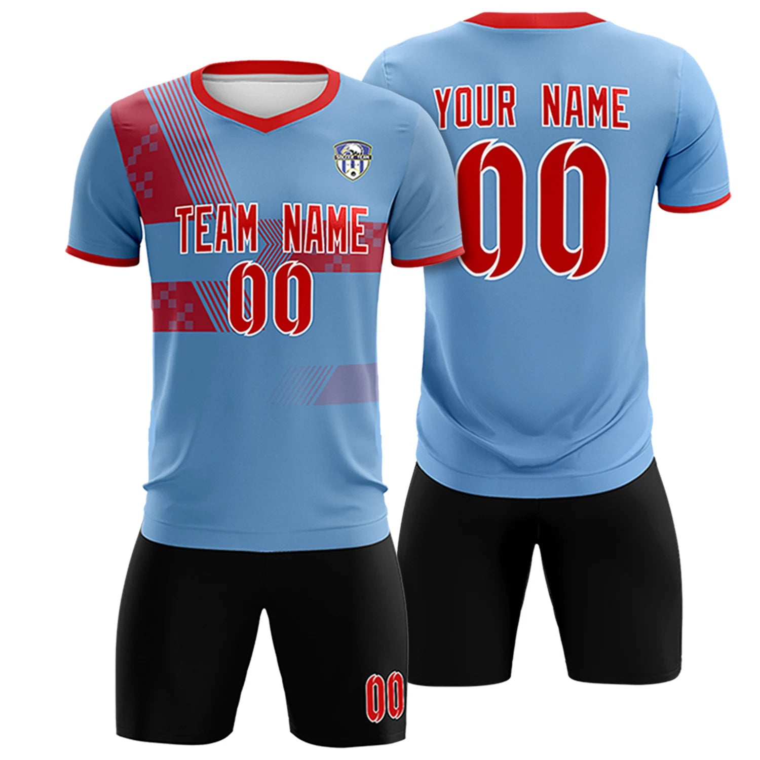 Custom Light Blue Red Training Uniform For Men Soccer Sets Jersey