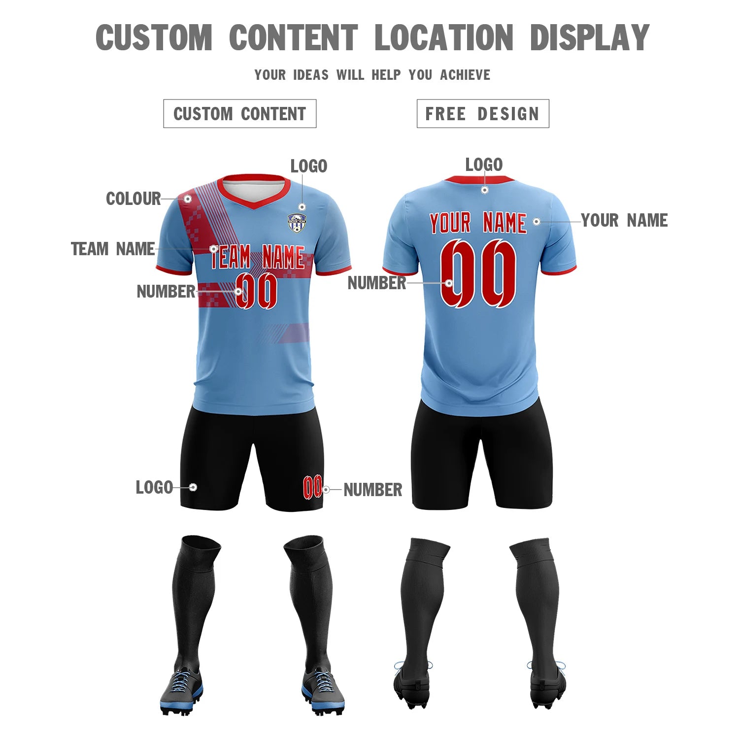 Custom Light Blue Red Training Uniform For Men Soccer Sets Jersey