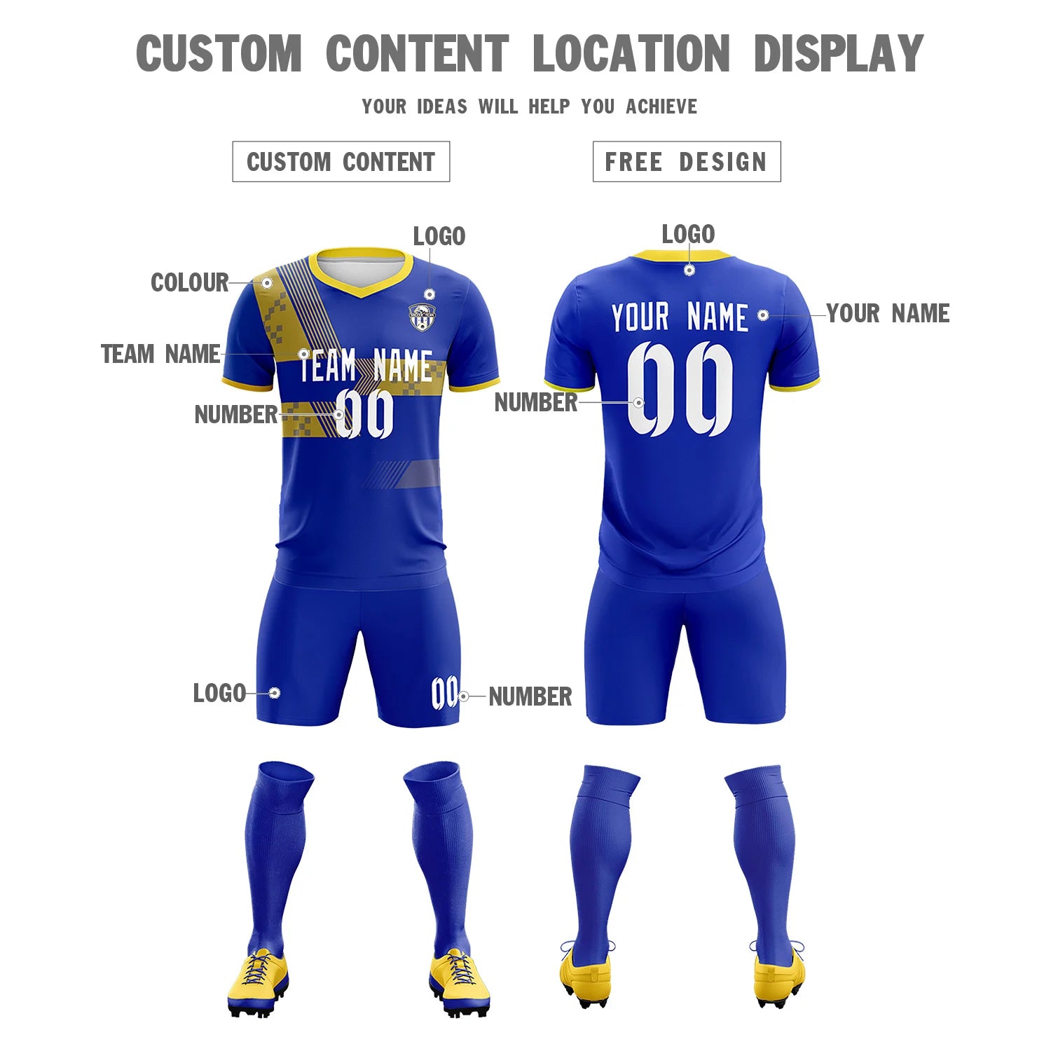 Custom Royal Blue Gold01 Training Uniform For Men Soccer Sets Jersey