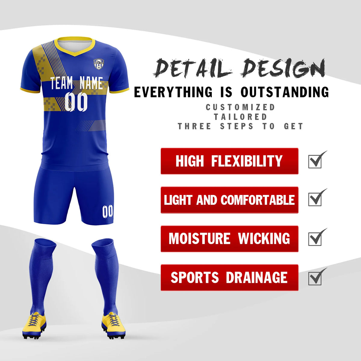 Custom Royal Blue Gold01 Training Uniform For Men Soccer Sets Jersey