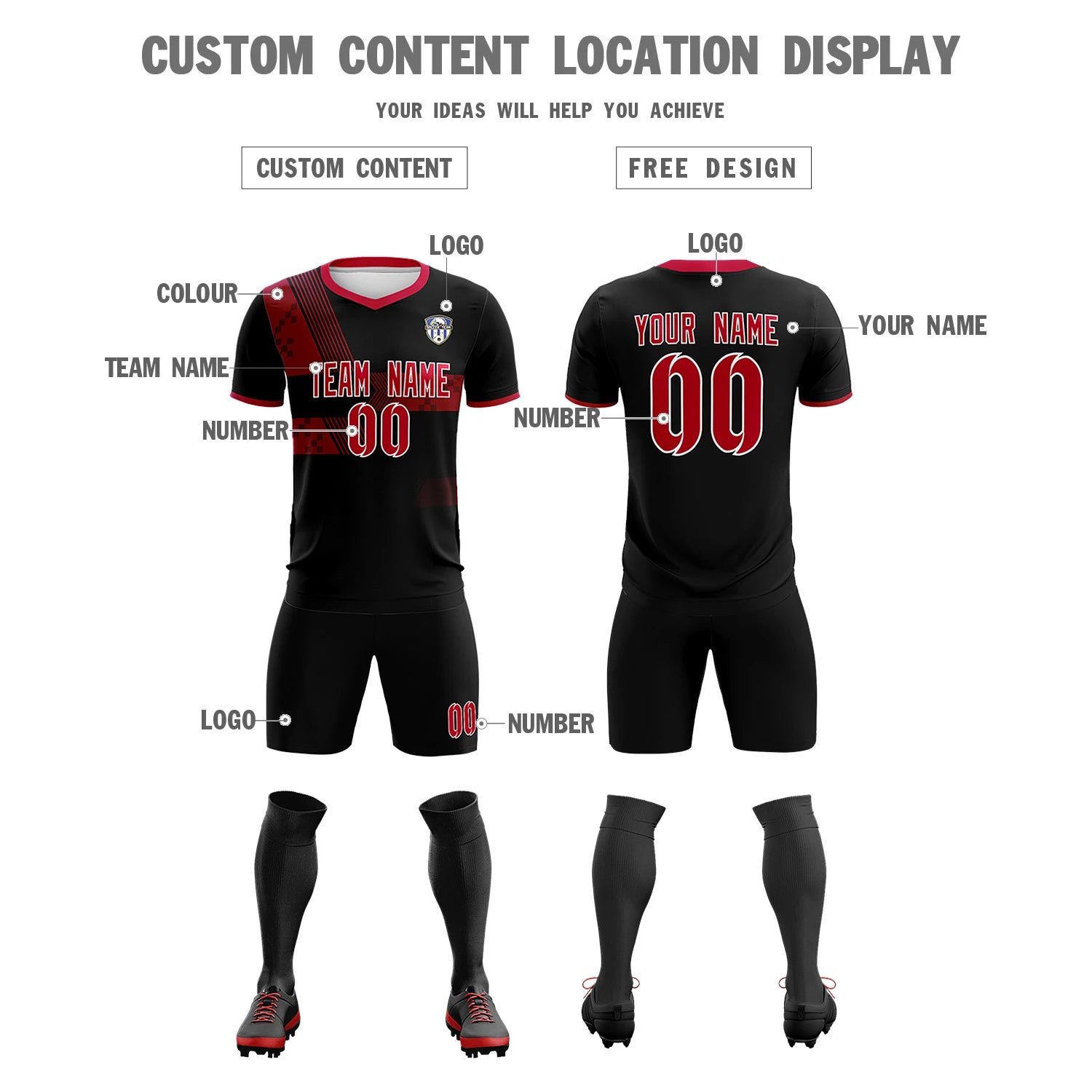 Custom Black Red Training Uniform For Men Soccer Sets Jersey