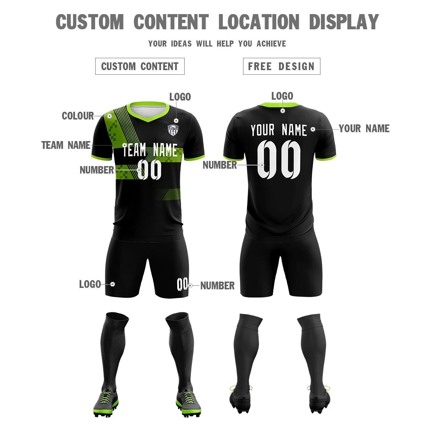 Custom Black Neon Green Training Uniform For Men Soccer Sets Jersey