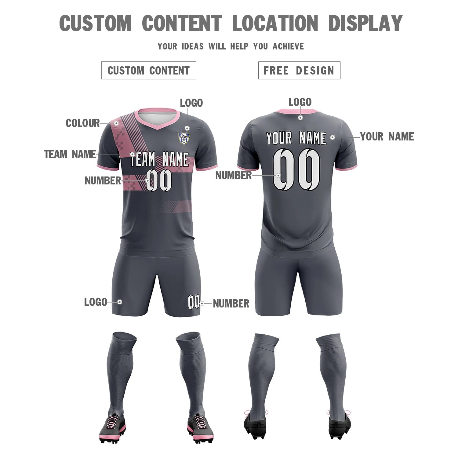 Custom Gray Light Pink Training Uniform For Men Soccer Sets Jersey