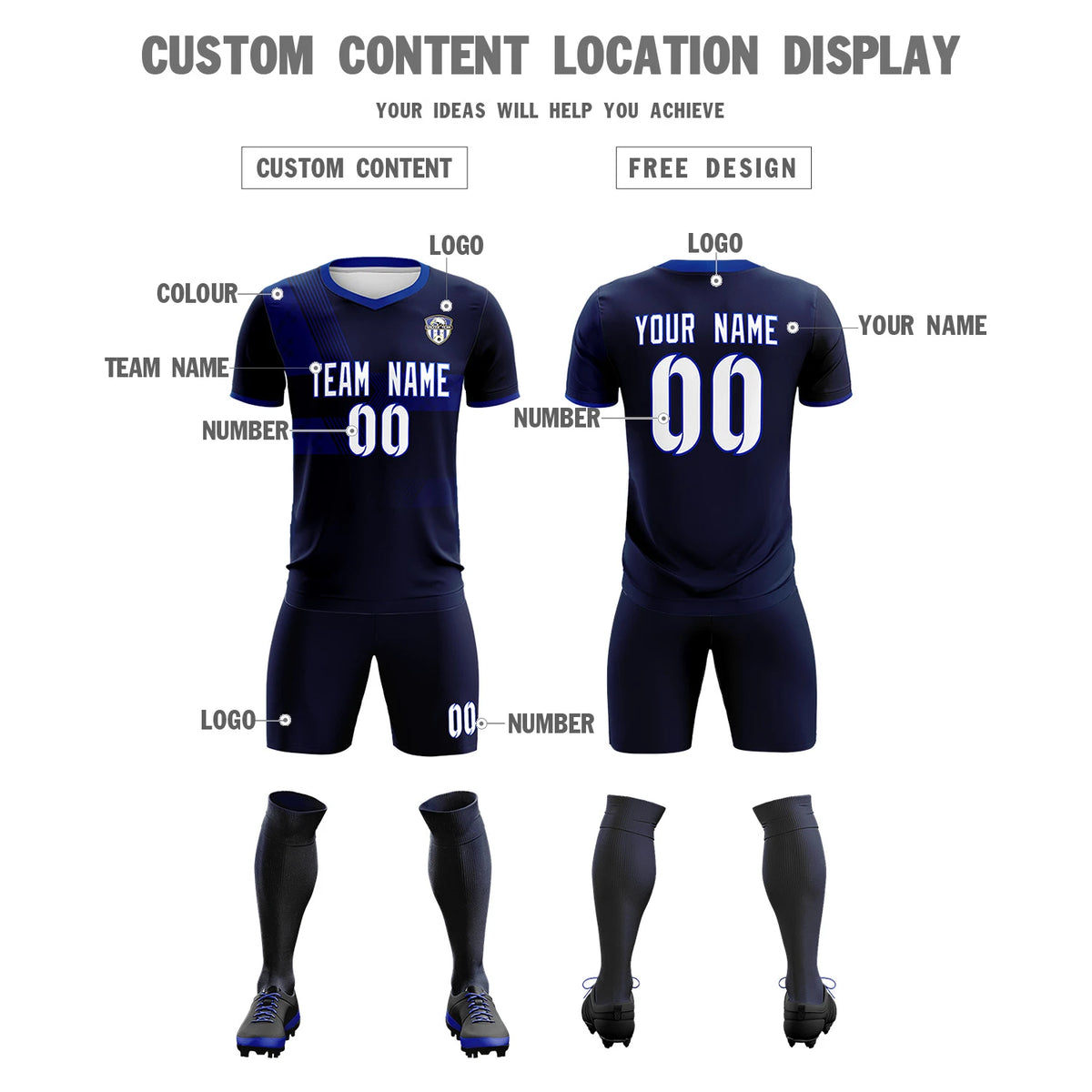 Custom Navy Royal Blue Training Uniform For Men Soccer Sets Jersey