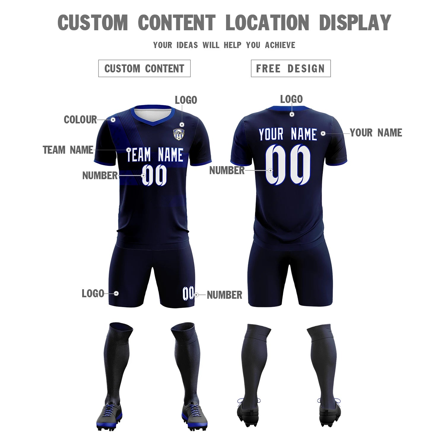 Custom Navy Royal Blue Training Uniform For Men Soccer Sets Jersey