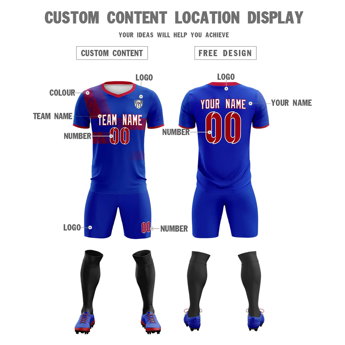 Custom Royal Blue Red Training Uniform For Men Soccer Sets Jersey
