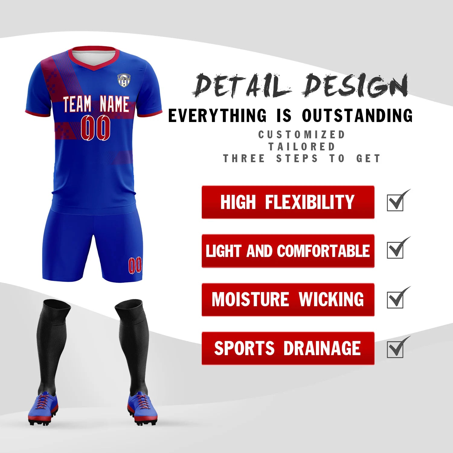 Custom Royal Blue Red Training Uniform For Men Soccer Sets Jersey