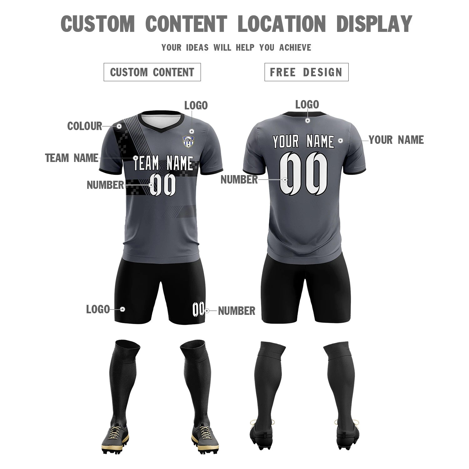 Custom Gray Black Training Uniform For Men Soccer Sets Jersey