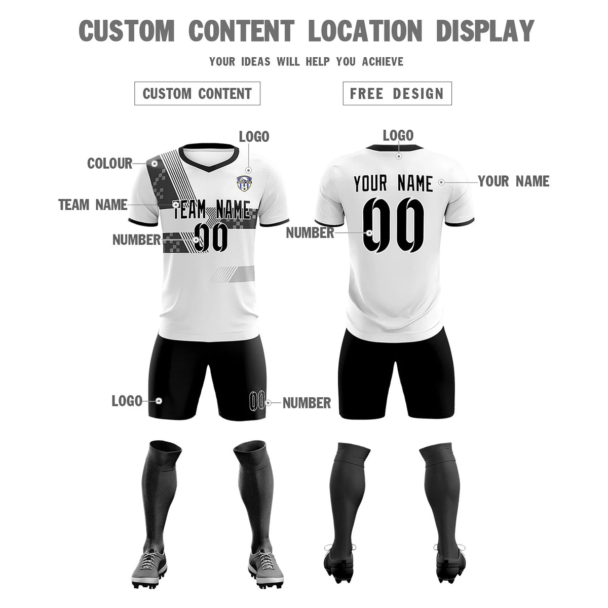 Custom White Black Training Uniform For Men Soccer Sets Jersey