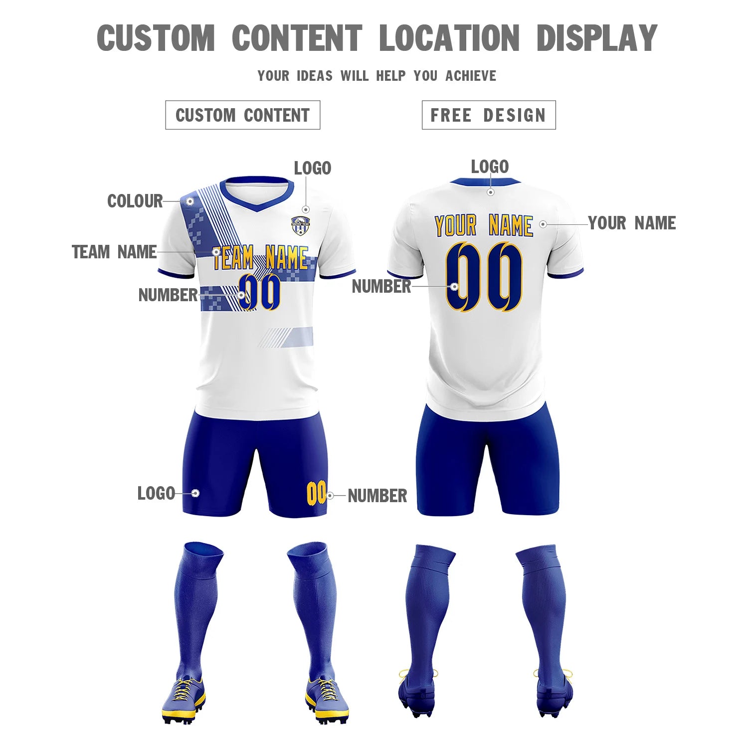 Custom White Royal Blue Training Uniform For Men Soccer Sets Jersey