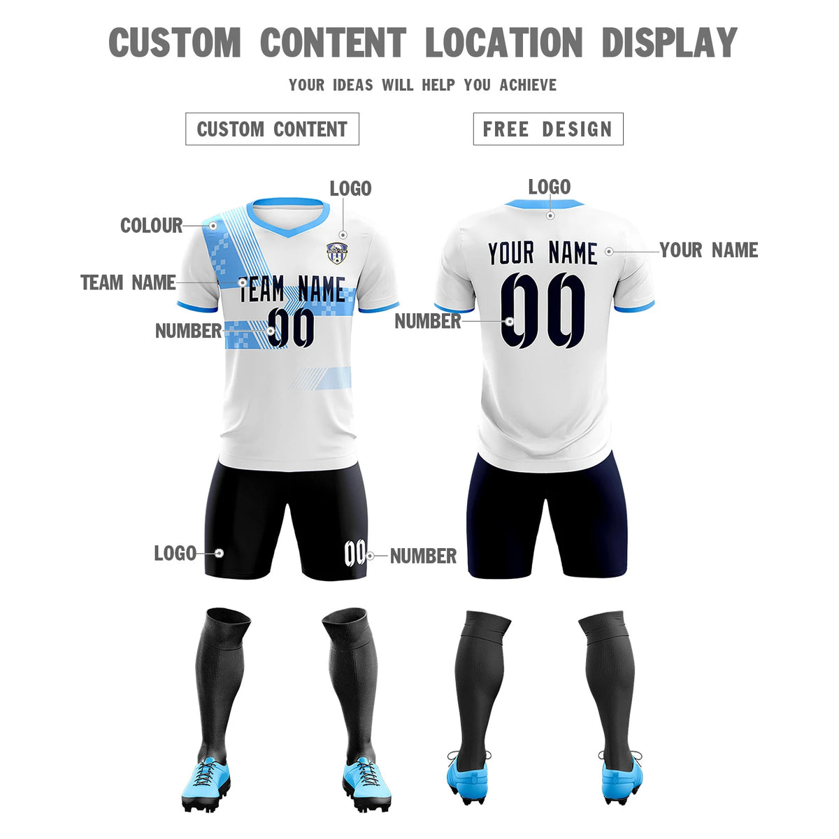 Custom White Powder Blue Training Uniform For Men Soccer Sets Jersey
