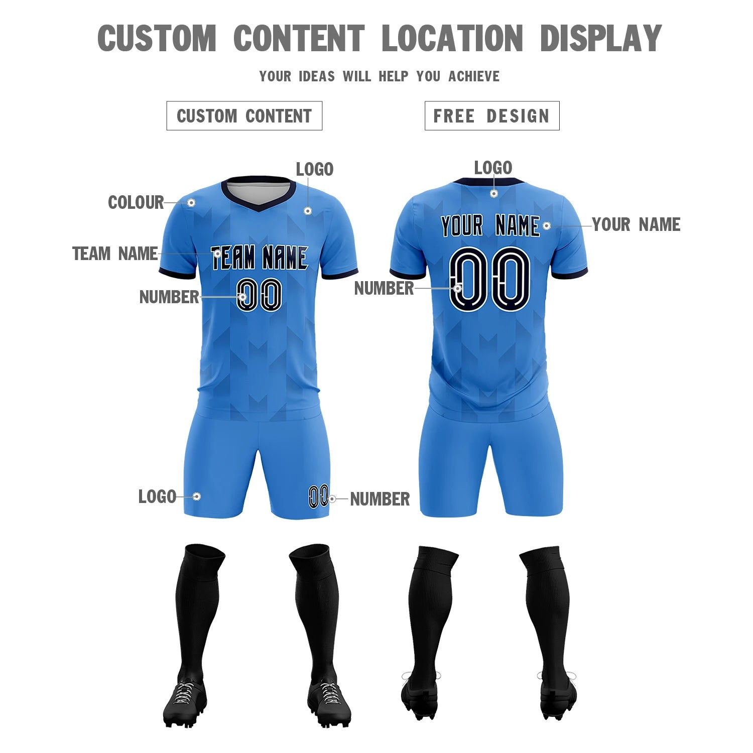 Custom Powder Blue Black Men Uniform Soccer Sets Jersey